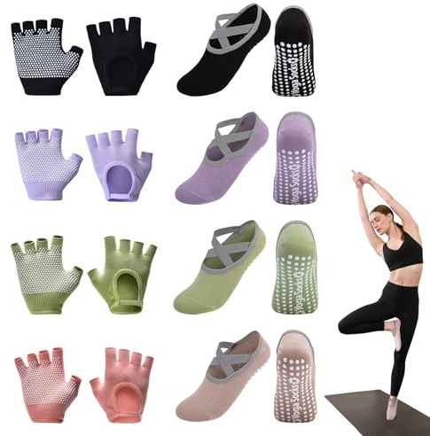 ZZBIQS 8 pares de guantes y calcetines de yoga con agarre, antideslizantes, para mujer, con agarre y correas, ideales para ballet, pilates, hospital, casa, entrenamiento de barra