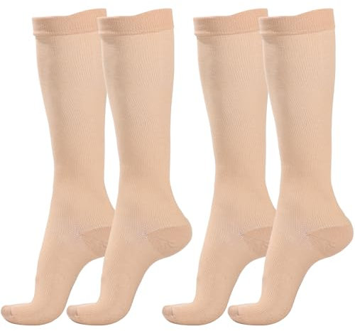2 Pairs Compression Socks for Women & Men,Flight Socks Compression Stockings Knee High Pressure Support Flight Stockings for Maternity Pregnancy Nurses Flying Varicose Veins (Nude+Nude, L/XL)