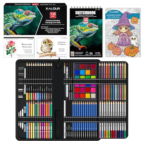 KALOUR Ensemble de dessin 135 pièces Kit de croquis - Fournitures artistiques avec carnet de croquis 3 couleurs et papier de coloriage - Inclut un tutoriel - À base d'huile - Néon - Fusain, aquarelle