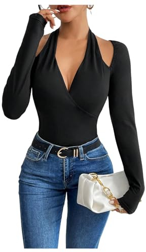 MakeMeChic Women's Going Out Tops Cut Out Wrap Halter Tee Bodysuit Long Sleeve Elegant Leotard Tops Black Small