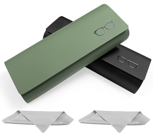WOUMON Lot de 2 Étui à Lunettes Rigide, Portable Etui Lunette en Cuir PU, Boîte à Lunettes avec Chiffon en Microfibre Pour Homme et Femme