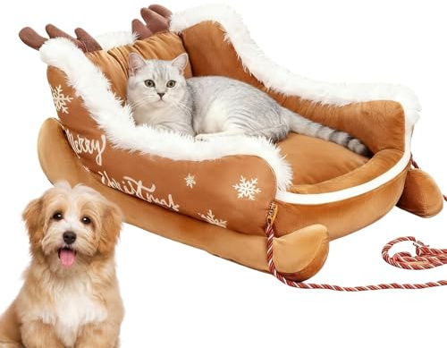 Posto per cani lavabile – Morbida cuccia natalizia a forma di slitta con corda di trazione, accogliente invernale per cani e gatti | per appartamento, balcone, soggiorno in interni ed