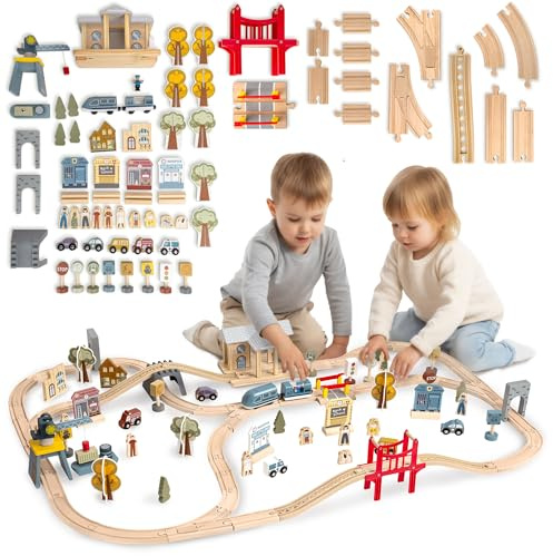 Mamabrum Chemin de Ville en Bois avec Train Électrique et Son - Grue Magnétique, Navire, Ponts, Pistes, Figurines - Kit Rail 130x85 cm pour Enfants 3+
