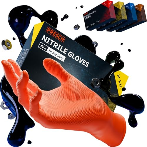 PRESCH Heavy Duty Engångshandskar Orange 50st. (XL - 10) – Nitrilhandskar med diamantstruktur för extra grepp – Latex och puderfria – Rivtålig tack vare förstärkt rullad kant