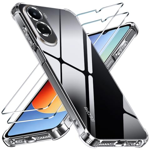 Yohii Funda para Xiaomi Redmi A7 Pro/Poco C81/Poco C81 Pro con 2 Piezas Cristal Templado, [Protección Cámara] Protectora AntiChoques Clara, TPU Silicona Anti-Arañazos Carcasa, Transparente