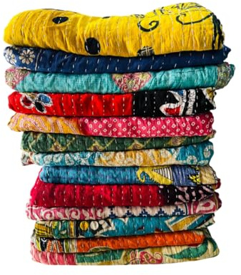 Shubhlaxmifashion Mix Lot of Indian Tribal Kantha Quilts Vintage Cotton Bed Cover Throw Old Sari Made Assorted Patches Made Rally Whole Sale Blanket (52X80 Inches) Twin Size
