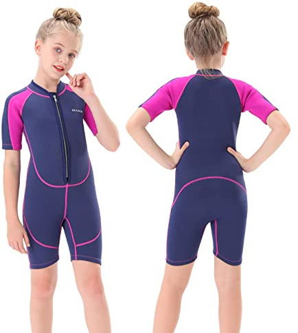 Seaskin Kids Wetsuit for Girls Toddlers, 2mm Front Zipper Shorty Wetsuits, Neoprene Thermal Swimsuits for Diving Surfing Swim Lessons Size 4