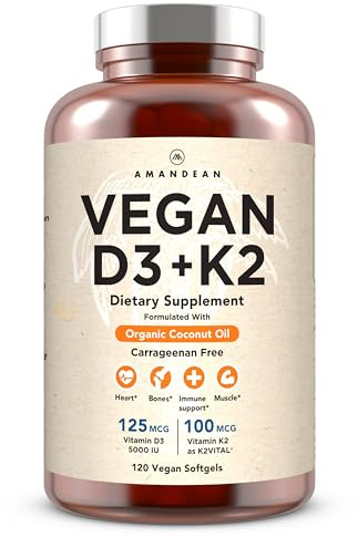 AMANDEAN Vitamin D3 K2. Vegan & Plant-Based 5000iu VIT D from Algae. All-Trans MK-7 K2Vital. 120 Softgels. Carrageenan Free. Organic Coconut Oil Blend. for Mood, Bones, Heart, Immune Health.