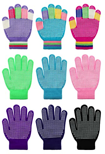 Whaline 9 Pairs Children Anti-Slip Gloves Stretch Gripper Gloves Full Finger Winter Warm Knitted Gloves For Kids Boys Girls Aged 6-12 Cycling Skiing Outdoor Sports Activities Christmas School Gifts