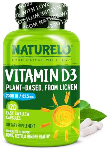 NATURELO Vitamin D - 2500 IU - Plant Based from Lichen - Natural D3 Supplement for Immune System, Bone Support, Joint Health - Vegan - Non-GMO - Gluten Free - 120 Capsules