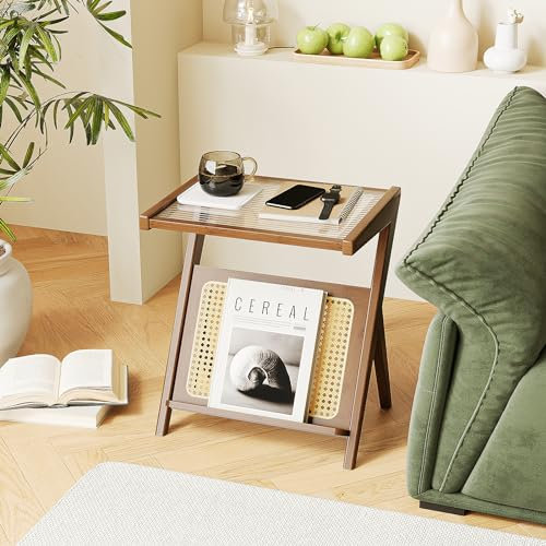 Bamworld Rattan Beistelltisch Boho Nachttisch Mitte Jahrhundert Moderner Beistelltisch Glas Nachttisch Kleine Beistelltische Bambus Couchtisch mit Stauraum Plattenspieler Ständer für Wohnzimmer