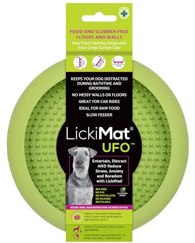 LickiMat UFO Ablenker für Baden, Duschen und Pflegen, Naturkautschuk, großer Schnuller, Lecknoppen, weiche und laufende Leckereien, einzigartiges Futter- und Dribbelfänger-Design, langsamer Fressnapf,