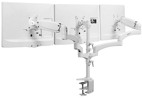 VIVO 17 to 32 inch Triple Pneumatic Monitor Mount, 2 Pneumatic Arms, 1 Fixed, Adjustable Swivel, Rotation, Heavy Duty VESA Desk Stand with C-clamp, Max VESA 100x100, White, STAND-V300GW