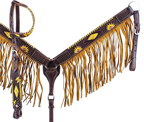 Western Saddle Horse Bridle Bridle Chest Collar Tack Set Leather Flowers Tooled Handmade Breastplate ME-HBC-168F Full Size