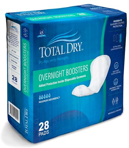 TotalDry Ultimate Overnight Booster Pads. Use with Briefs or Protective Underwear. Prevent Leakage, Sleep Through The Night - Maximum Absorbency (Bag 28 Count)
