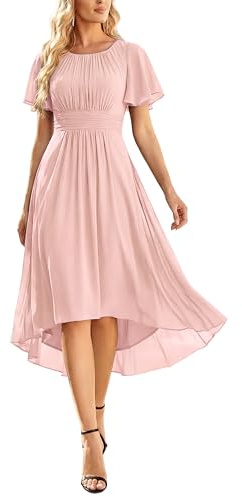 Ever-Pretty Women's Chiffon Crew Neck Empire Waist Short Sleeve Semi Formal Dresses Wedding Guest Dress Pink US12