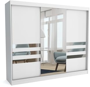 Brent - Kleiderschrank mit Spiegel Henry, 250cm Breit, Schlafzimmerschrank mit 1 Kleiderstange und Einlegeböden für Kleidung, Kleiderschrank Weiß