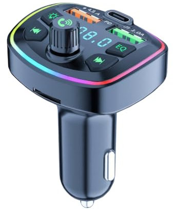 Car Bluetooth 5.3 FM Transmitter – Wireless Radio Adapter with Dual USB-C Fast Charger, Hi-Fi Bass Sound, Hands-Free Calling, Ambient Lighting & USB Drive Support for Car Audio