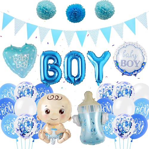 Baby Shower Decoration Boys Balloons - 46 Pieces Cute Gender Reveal Supplies Blue, It's A Boy Letter Banner Bottle Foil Balloon Pompoms for Welcome Party