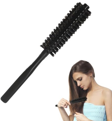 Wildschweinborsten-Haarbürste, Kleine Mini Rundbürste zum Föhnen Roll-Haarbürste mit natürlichem Holzgriff,Lockenbürste für Frauen,Bartbürste für Männer (Schwarz)