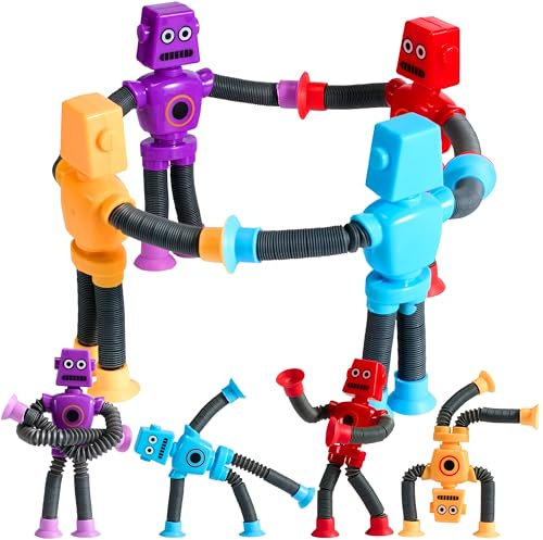 JOYIN 4 unidades Robot Pop Tubes para niños, juguetes sensoriales para niños, juguetes telescópicos para niñas y niños, regalo de cumpleaños, regalos de fiesta para aliviar el estrés y la ansiedad