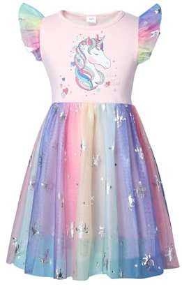 JiAmy Girls Dresses Ruffle Sleeve Unicorn Print Rainbow Sequins Tulle Tutu Dress Kids Summer Wedding Birthday Party Princess Clothes for Girl 5-6 Years Light Pink