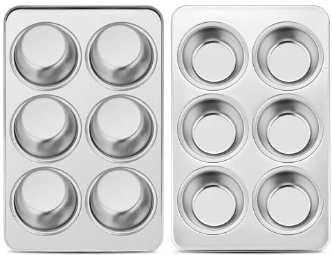 Herogo Muffin Tin, 6 Cup Stainless Steel Muffin Tray Set of 2, Metal Muffin Baking Tray for Cupcakes, Yorkshire Pudding, Pie, 2 Pack Muffin Tin Mould for Dishwasher Safe/Oven Safe/Non-Toxic