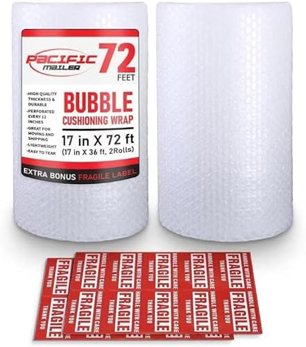 Bubble Cushioning Wrap Pacific Mailer 5/16 Inch x 17 Inch x 72Feet Total [2 Rolls of 36 Feet] Bubble Cushioning Wrap for Packing Moving Supplies Perforated Every 12