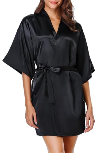 MIZSPISE Peignoir Satin Kimono Femme Court Kimono Robes de Chambre Sexy Léger Peignoir Chemise de Nuit Satin Robe (FR/ES, Alpha/lettres, Taille unique, Taille normale, Taille normale, noir)