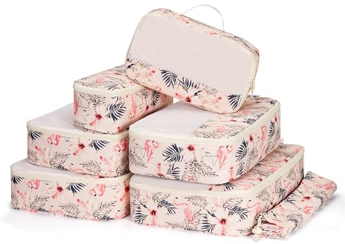 Narwey 7 Sets Organizador Maletas Bolsos, Packing Cubes, Bolsas Viaje para Mochila, Equipaje de Mano y Maleta, Bolsas Organizadoras Ropa para Viaje Hogar Negocios (Flamenco beige)