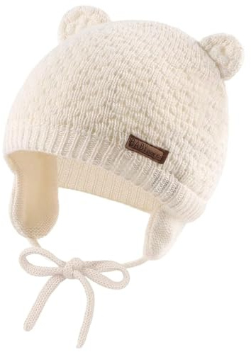 Mayoii Winter Beanie Hat for Baby Kids Toddler Infant Newborn, Earflap Cute Warm Fleece Lind Knit Cap for Boys Girls (UK, Alpha, L, Off-White)