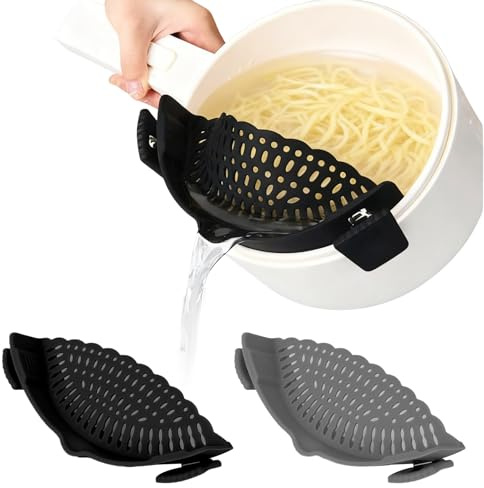 2 Piezas Escurridor Pasta, Silicona Colador, Resistente al Calor Gadgets Cocina para Ollas y Sartenes de Hasta 26CM, Pasta, Patatas, Verduras (Gris, Negro)
