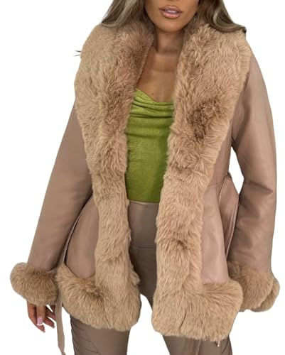 Generisch Giacca da donna in similpelle cappotto corto invernale parka cappotto a maniche lunghe con colletto in pelliccia, soffice sul davanti aperto, caldo trench lungo con cintura outwear, marrone