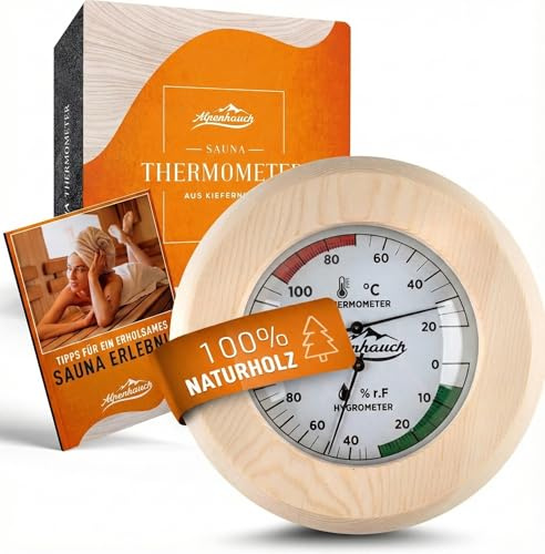 ALPENHAUCH Termometro da sauna igrometro in legno [funzione 2 in 1] – Termometro da sauna particolarmente preciso con vetro temperato – Calibrazione automatica – Elegante accessorio per sauna