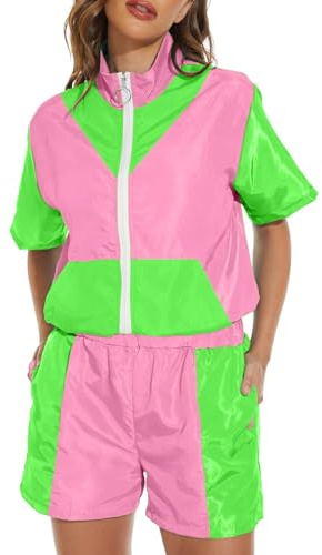 Survêtement de sport des années 80 pour femme - Rétro - Manches courtes - Veste et short - Coloré - Hip-Hop Disco - Tenue des années 80 et 90