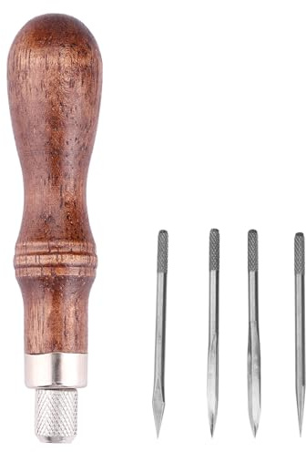 Hapivida Lezna de Costura para Cuero con 4 Cabezales, Herramienta de Punteado y Perforación con Mango de Madera, para Principiantes y Artesanos en Manualidades de Marroquinería DIY