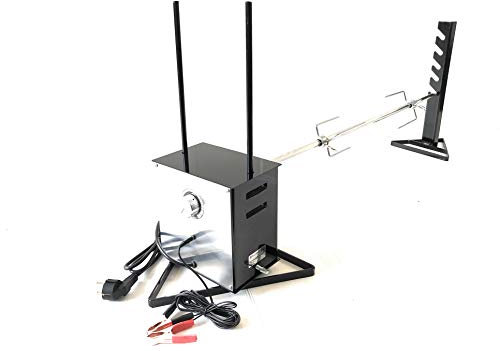 Tournebroche Double alimentation géant vitesse variable 12 – 24 V/220 V Broche Acier Inoxydable section hexagonale long cm 120 avec couple fourchettes pour bloquer la viande