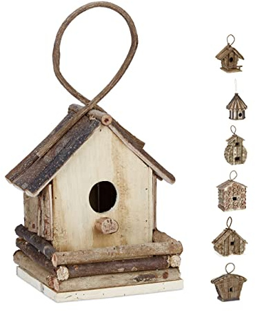 Reladays Casetta per Uccelli, da Appendere, Legno Non Trattato, Balcone, Giardino, HLP 32x18x14,5 cm, Naturale