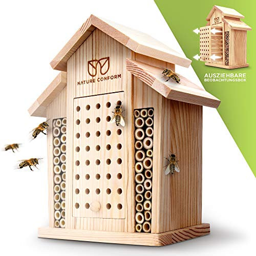 Nature Conform Insektenhotel - NEUAUFLAGE 2024 - Bienenhotel [BEOBACHTUNGSNISTKASTEN] Saubere Verarbeitung mit Bambusröhrchen | Nisthilfe Wildbienenhotel Garten und Balkon | Bienenhaus