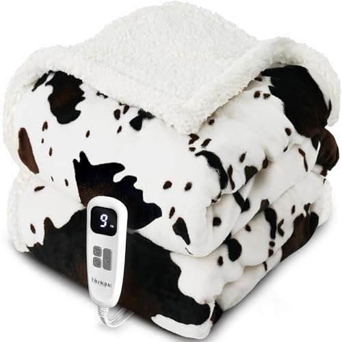 blunique Heated Blanket Throw Blanket - Fast Heating Electric Blanket, Soft Flannel Heated Throw with 4 Time Settings, 10 Heating Settings, Warm Gifts for Women & Mom & Grandma(50x60Cow Print White)