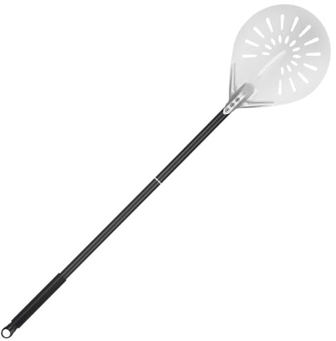 SMRONAR Perforierte Pizzaschaufel, 8 Zoll Pizzaschieber Pizzapaddel aus Hart Eloxiertes Aluminium, Pizza Schieber mit Langem Rutschfestem Griff, Pizzawender Pizza Turning Peel Rund für Pizzaofen