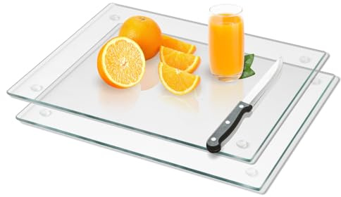 Mymonfif Tempered Glass Cutting Board for Kitchen, Clear Glass Board for Countertop, Heat Resistant, with Non-Slip Feet, 12x16 2 Pcs Clear