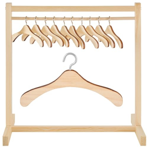 Civaner 22 Pcs Doll Garment Rack with Wooden Clothes Hanger for 18 Inch Girl Doll Clothes Mini Hangers Wardrobe Furniture Accessories for Dollhouse Baby Shower Supplies (Wood)
