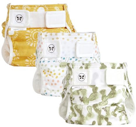 Honest Hybrid Cloth Diaper Covers with Pocket-Sling, Medium (12-25 Pound), Stops Nighttime Leaks, Use with Boosties Disposable or Reusable Insert, 3 Pack of Cotton Muslin Covers