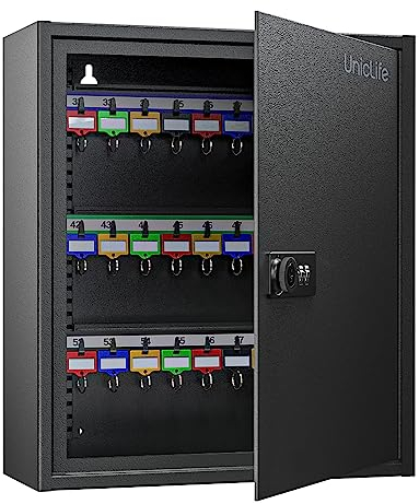 Uniclife Armario de Llaves de 60 Posiciones con combinación reajustable y Cerradura de Llave Caja de Seguridad Digital Negra con Estantes Ajustables Coloridas Etiquetas para Llaves y Ganchos