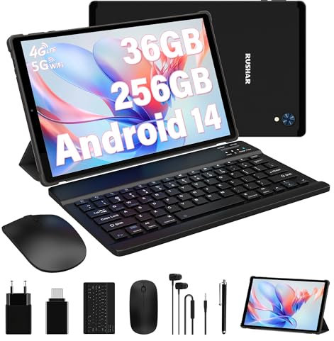 RUSHAR Tablet 10.4 Pulgadas Android 14 con 36GB RAM+256GB ROM (2TB TF),Tablet 4G LTE/SIM+5G WiFi,Octa-Core 2.0GHz,INCELL 2000 * 1200,8000mAh,13MP+8MP,Tablet con Teclado etc,GPS/Bluetooth,Negro