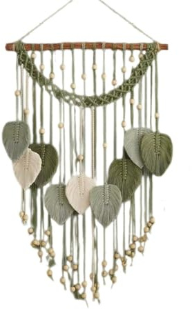 CULASIGN Makramee Wandbehang Wandteppich, Boho Blätter Feder Handgewebt Makramee Wandbehang mit Holzstab Fenster Deko Blatt Girlande Wanddeko für Wohnzimmer Schlafzimmer (Grün)