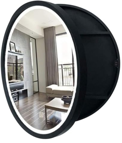 50/60/70cm Bagno Armadio Specchio con Luci Tondo Porta Sinistra Armadio A Muro Specchio con 3 Ripiano Tiers Specchio di Vanità con Funzione di Stoccaggio for La Casa Cucina(Black,70 * 70cm)