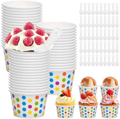 BAIFULAI 50 Stück Eisbecher aus Papier mit Löffel, 200ml Kuchenbecher, Eisschalen Pappe Pappschalen Dessertbechers mit Farbige Punkte für EIS, Dessert, Fingerfood, Joghurt