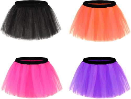 Erogeen 4 Pack Runner Tutu Skirts Women Tulle Skirt 3 Layered Elastic Puffy Tutus 80s Fancy Dress Costumes (UK, Alpha, One Size, Regular, Regular, Standard, Multi-01)